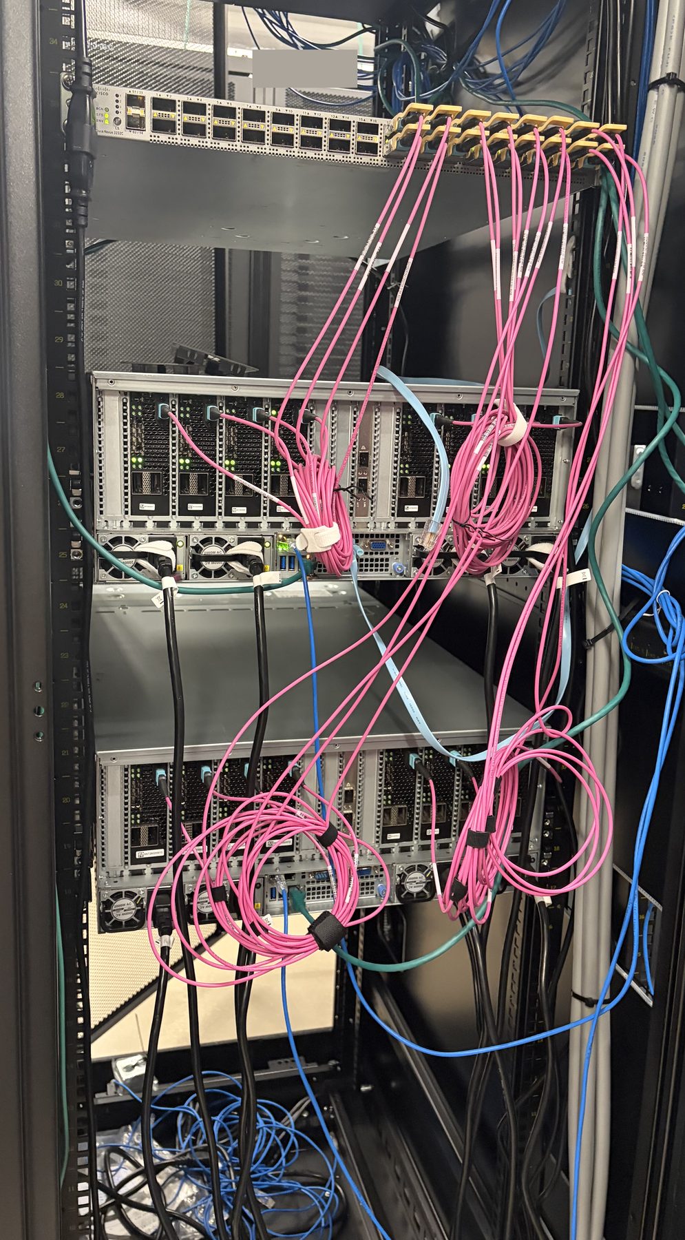 The finished cabinet, rear view, two MX64 systems fully cabled and powered.